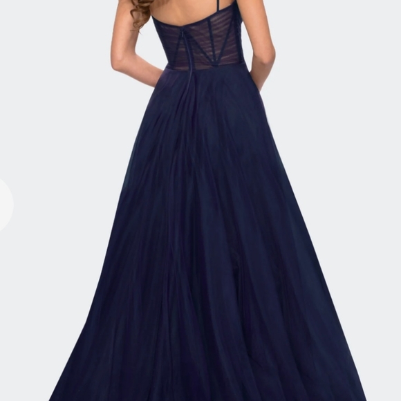 La Femme Navy Blue Side Slit Illusion A-Line Tulle Ballgown Size 4 NWT - Picture 2 of 7
